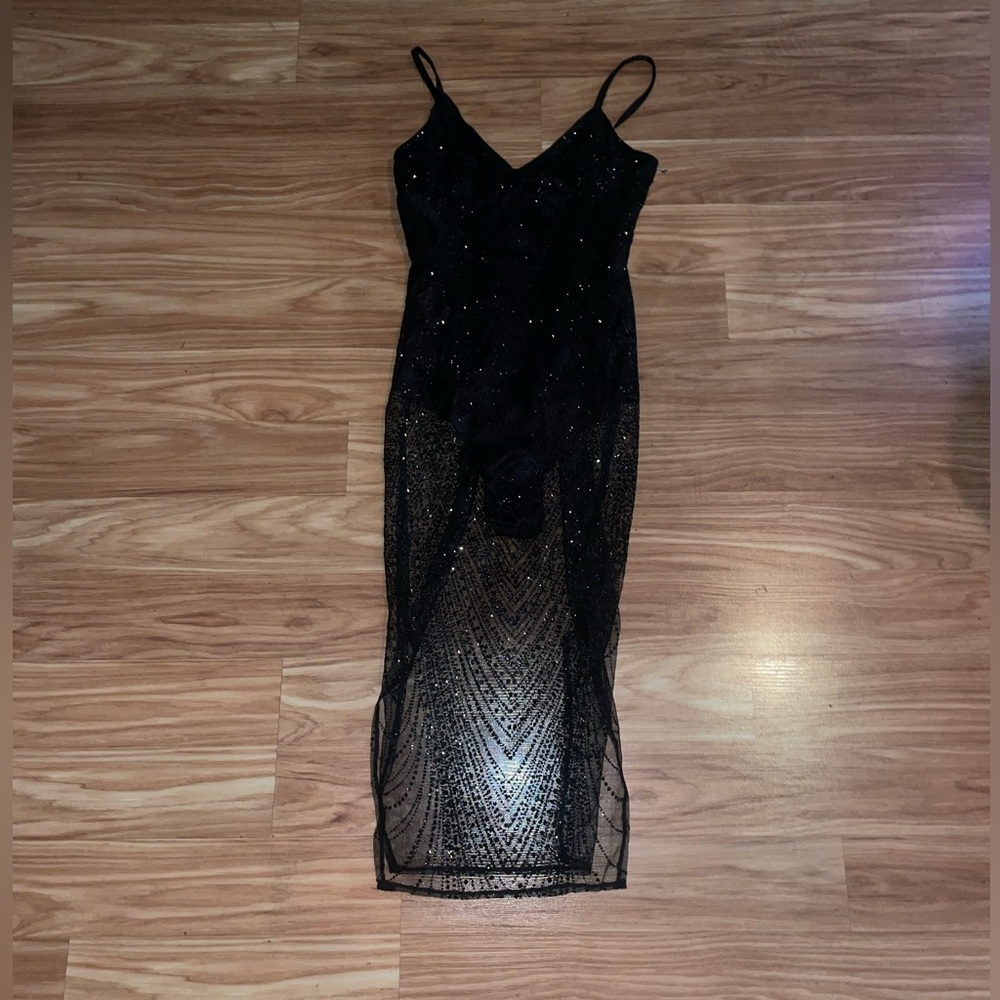 Fashion Nova Black Glitter Backless Dress